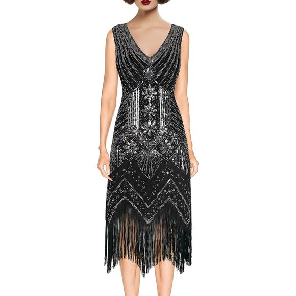 Women's 1920s Flapper Dress Vintage Lace Fringed Gatsby Cocktail Party - Picture 2 of 7